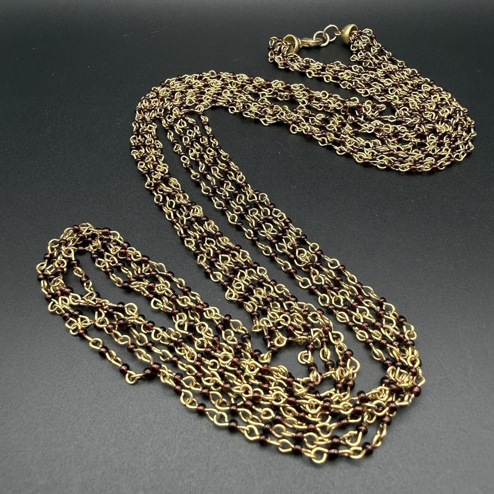Vintage Multi Strand Gold Tone Chain Necklace Amber Glass Seed Beads Statement - Picture 3 of 7